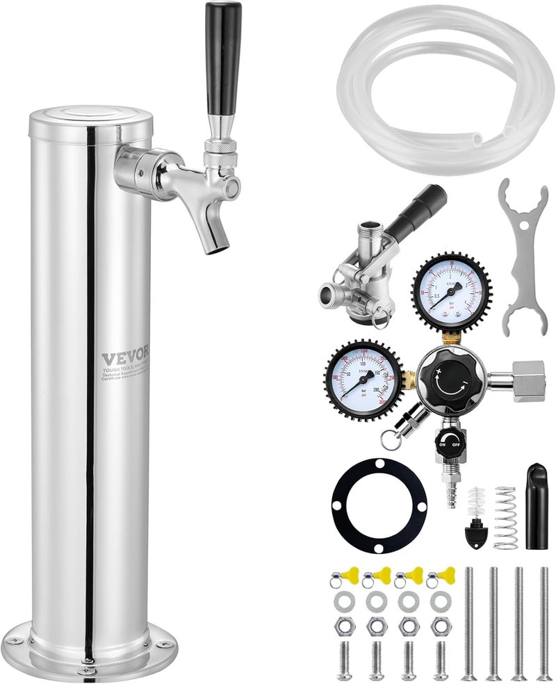 VEVOR Kegerator Tower Kit, Single Tap Beer Conversion Kit, Stainless Steel Keg Beer Tower Dispenser with Dual Gauge CGA320 Regulator & D-System Keg Coupler, Self-Closing Spring for Party Bar Home - Image 1